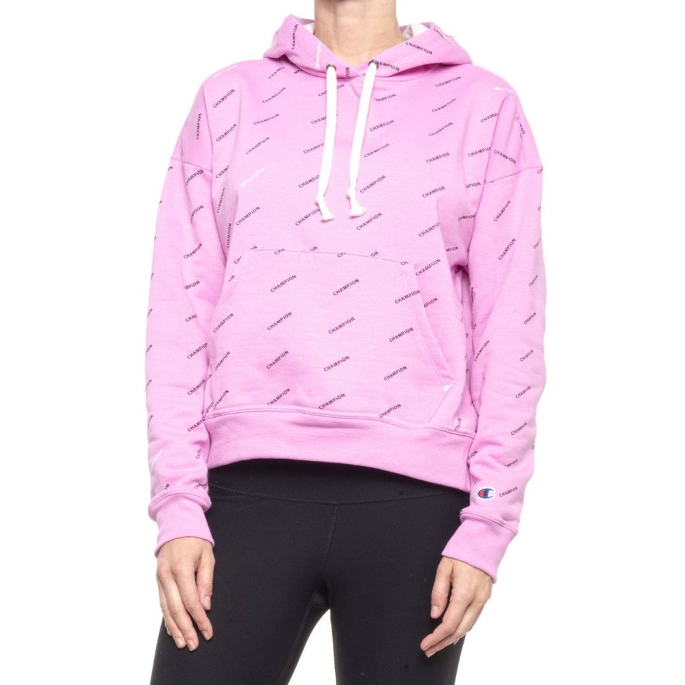 Champion Women's Powerblend Hoodie All Over Print Logo Pullover Sweatshirt Pink